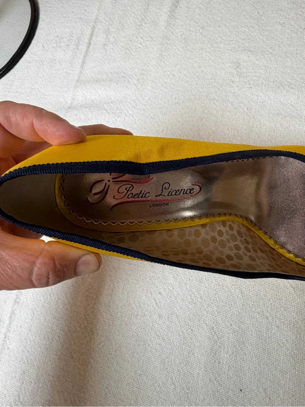 4/$20 Poetic License Yellow Satin Peep-Toe Heels w/ Black Trim and Floral Jewel